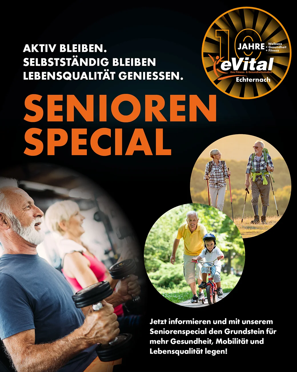 10 Jahre eVital Echternach - Jubiläumsangebot: Senioren Special - jetzt mit uns den Grundstein für mehr Gesundheit, Mobilität und Lebensqualität legen!
